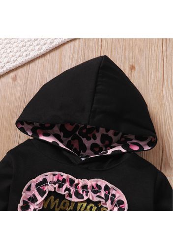 2pcs Baby Girl Letter Print Leopard Splice Black Long-sleeve Hoodie and Trousers Set