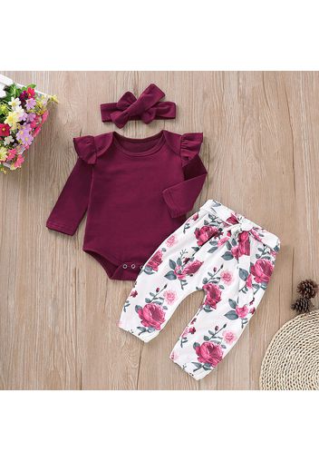 3pcs Floral Print Ruffle Decor Long-sleeve Crimson Baby Set