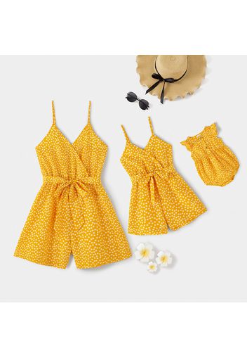 All Over Floral Print Yellow V Neck Spaghetti Strap Belted Romper for Mom and Me