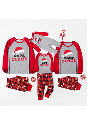 Christmas Hat and Letter Print Red Family Matching Raglan Long-sleeve Plaid Pajamas Sets (Flame Resistant)