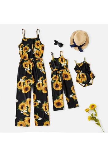 Sunflower Floral Print Spaghetti Strap Jumpsuit Romper for Mom and Me