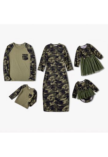 Family Matching Army Green Camouflage Midi Dresses and Raglan Long-sleeve T-shirts Sets