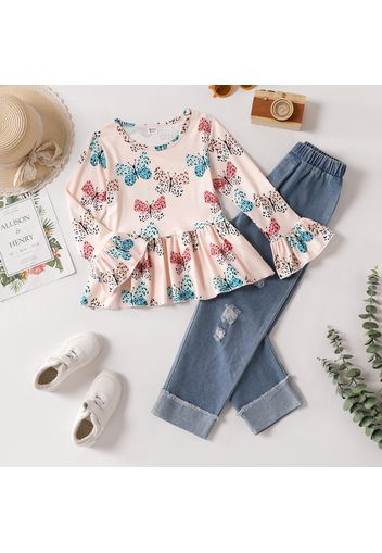 2-piece Kid Girl Butterfly Print Long Bell sleeves Peplum Top and Ripped Denim Jeans Set