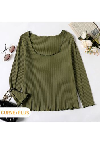 Women Plus Size Basics Square Neck Lettuce Trim Long-sleeve Tee