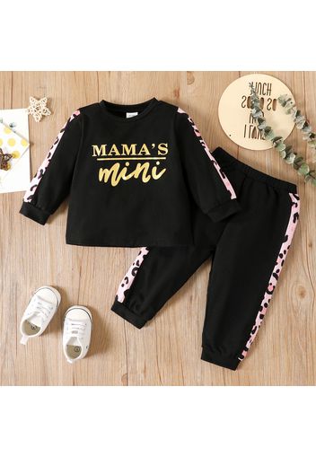 2pcs Baby Girl Letter Print Leopard Splicing Black Long-sleeve Sweatshirt and Trousers Set