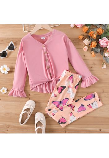 2pcs Kid Girl V Neck Tie Knot High Low Long-sleeve Pink Tee and Butterfly Print Leggings Set