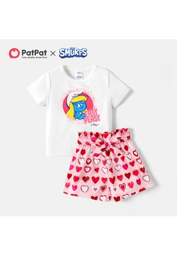 Smurfs 2pcs Kid Girl Letter Print Short-sleeve Tee and Heart/Stripe Print Belted Shorts Set