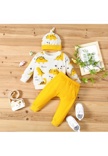 3pcs Baby Boy Cartoon Dinosaur and Letter Print Long-sleeve Pullover and Solid Trousers Set
