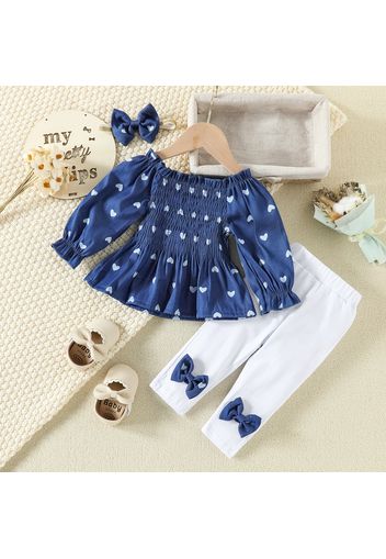 2pcs Baby Girl 95% Cotton Bow Decor Leggings and Allover Heart Print Long-sleeve Shirred Denim Top with Headband Set