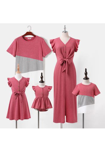 Family Matching Solid Ruffle-sleeve V Neck Knot Front Split Dresses and Colorblock Short-sleeve T-shirts Sets