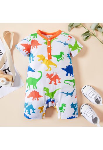 Baby Boy Allover Colorful Dinosaur/Stripe Print Short-sleeve Snap Romper