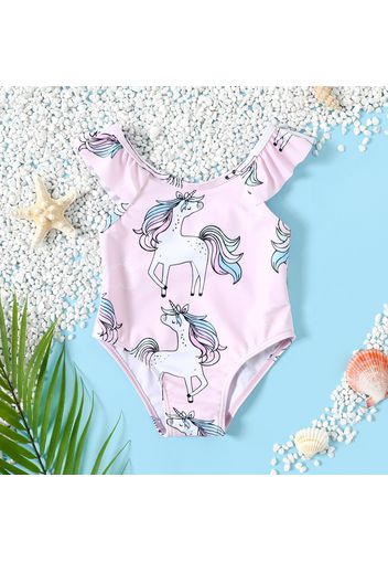 Baby Girl All Over Cartoon Unicorn Print Ruffle One-Piece Swimsuit