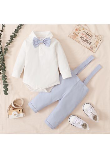 2pcs Gentleman Baby Lapel Bow Tie Long-sleeve Romper and Overalls Set