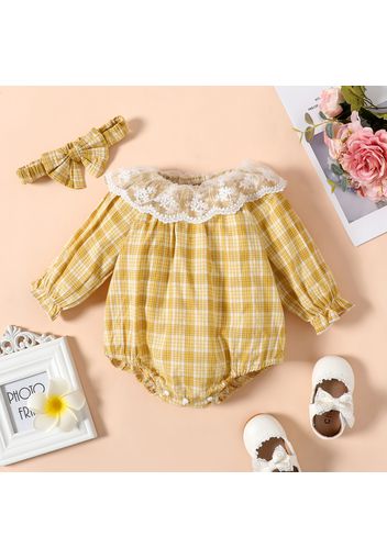 100% Cotton 2pcs Baby Girl Lace Collar Plaid Long-sleeve Romper with Headband Set