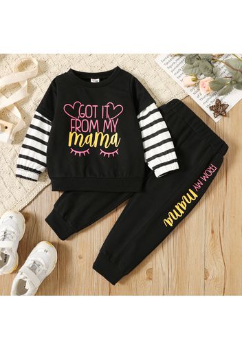 2-piece Toddler Girl Letter Heart Print Striped Pullover Sweatshirt and Elasticized Black Pants Set