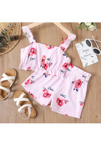 2-piece Kid Girl Floral Print Stripe Ruffle Hen Camisole and Paperbag Shorts Set