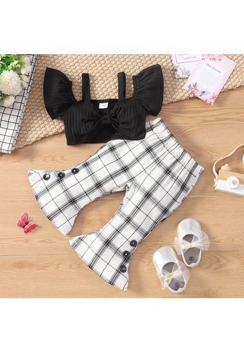 2pcs Baby Girl Black Ribbed Cold Shoulder Short-sleeve Crop Top and Plaid Flared Pants Set