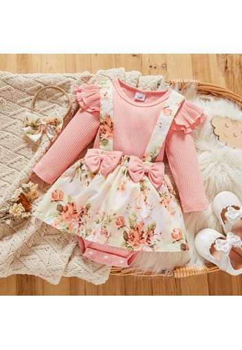 Ribbed 2pcs Floral Print Faux-two Design Long-sleeve Pink Baby Romper