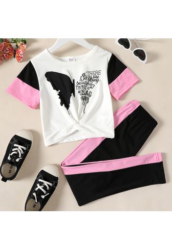 2-piece Kid Girl Butterfly Print Colorblock Twist Front Short-sleeve Tee and Elasticized Pants Set