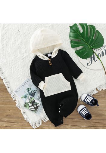 Baby Boy/Girl Knitted Ribbed Colorblock Long-sleeve Hooded Jumpsuit