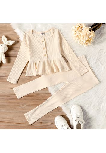 2-piece Toddler Girl Button Design Ruffle Hem Long-sleeve Top and Brown Leggings Set