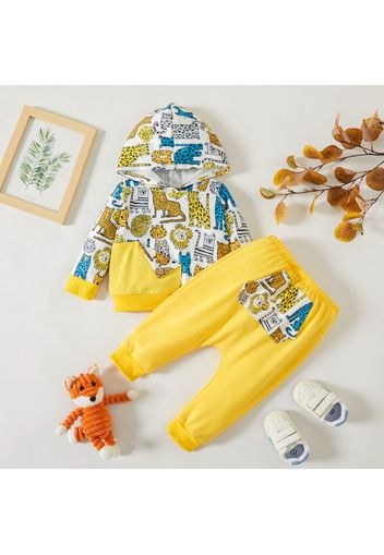 2pcs Baby Boy All Over Cartoon Animal Print Yellow Long-sleeve Hoodie and Trousers Set