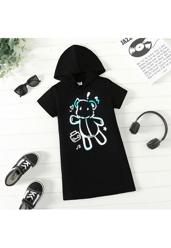 Kid Girl Bear Print Reflective Hooded Short-sleeve Black Dress