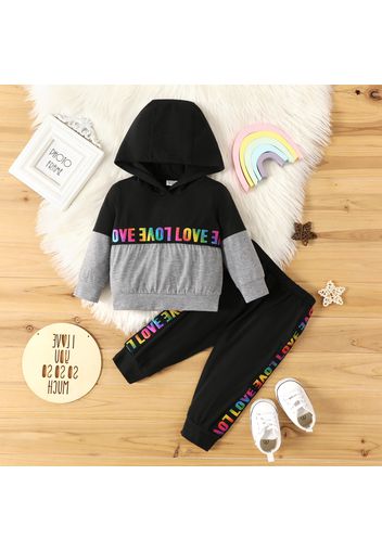 2pcs Baby Boy Letter Print Long-sleeve Color Block  Hoodie and Trousers Set