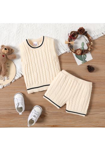 2pcs Baby Boy/Girl Contrast Trim Cable Knit Tank Vest and Shorts Set