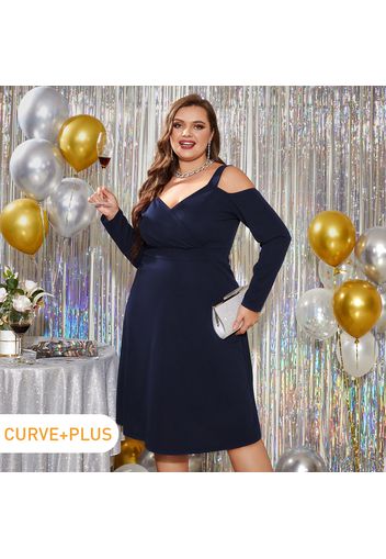 Women Plus Size Elegant Cold Shoulder Strap Long-sleeve Dress