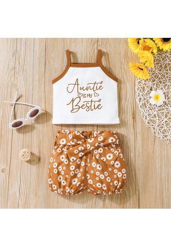 2pcs Baby Girl Cotton Ribbed Letter Embroidered Camisole and Floral Print Bloomers Shorts Set