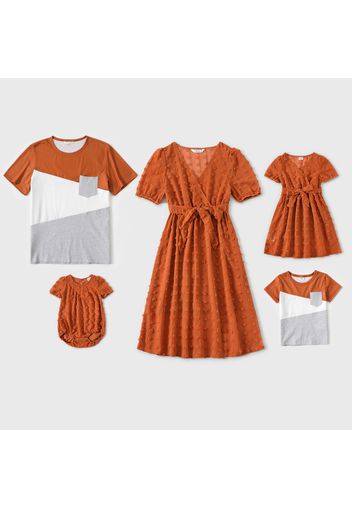 Family Matching Cross Wrap V Neck Swiss Dot Short Puff Sleeve Dresses and Colorblock T-shirts Sets