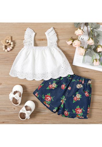 2pcs Baby Girl 95% Cotton Hollow Out Flutter-sleeve Top and Floral Print Denim Shorts Set