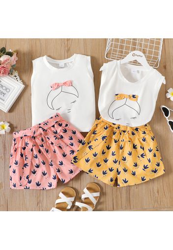 2pcs Kid Girl Bowknot Design Sleeveless Top and Allover Print Shorts Set