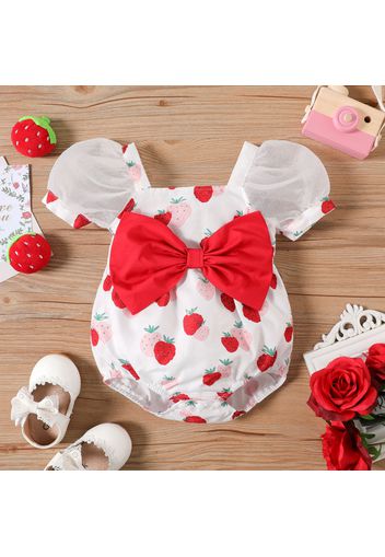 Baby Girl Bow Front Allover Strawberry Print Mesh Puff-sleeve Romper