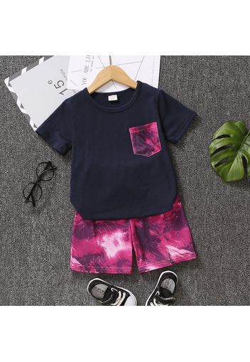 2pcs Toddler Boy Casual Pocket Design Tee and Tie Dyed Shorts Set