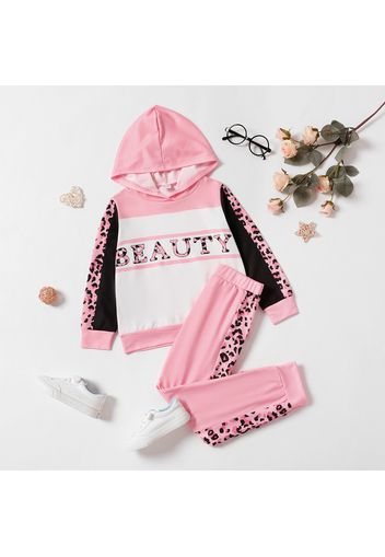 2-piece Kid Girl Letter Leopard Print Colorblock Hoodie Sweatshirt and Pants Set