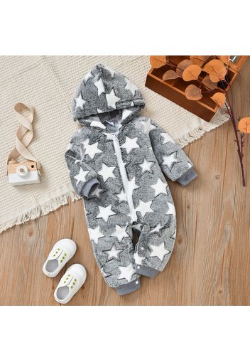 All Over Star Pattern Grey Baby Long-sleeve Hooded Fleece Jumpsuit