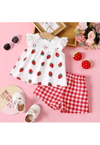 2pcs Baby Girl 100% Cotton Red Gingham Shorts and Allover Strawberry Print Lace Flutter-sleeve Top Set