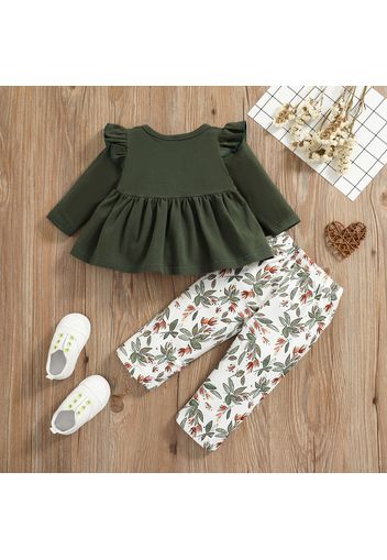 2pcs Baby Dark Green Cotton Long-sleeve Bowknot Top and All Over Leaves Print Trousers Set