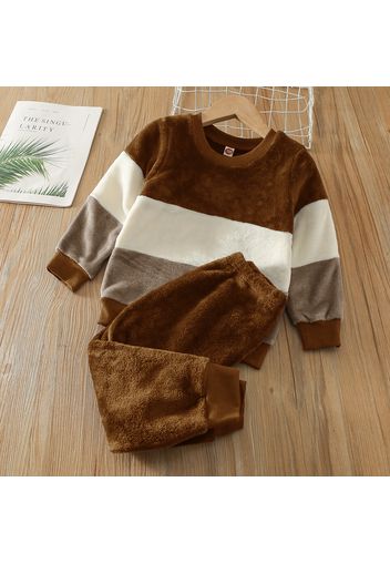 2-piece Toddler Boy Colorblock Fuzzy Flannel Fleece Pullover Sweatshirt and Solid Color Pants Set