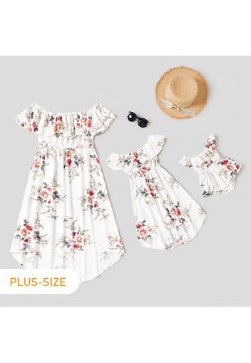 Floral Print White Off Shoulder Strapless Ruffle Midi Dress for Mom and Me