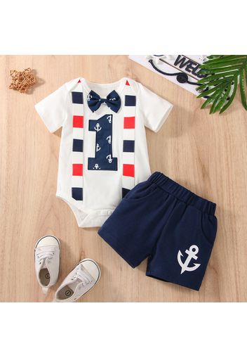 2pcs Baby Boy 95% Cotton Short-sleeve Anchor Print Bow Tie Romper and Shorts Set