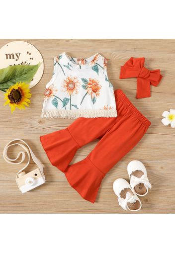 3pcs Baby Girl Sunflower Floral Print Sleeveless Tank Top and Bell Bottom Pants with Headband Set