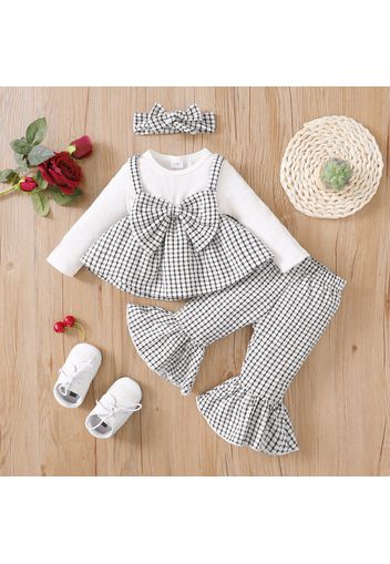 3pcs Baby Girl Black Plaid Bowknot Long-sleeve Top and Flared Pants Set