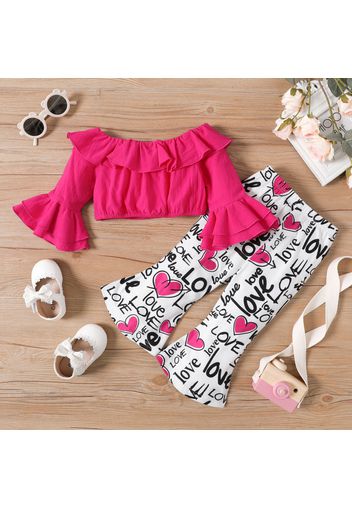 2pcs Baby Girl 100% Cotton Ruffle Trim Bell Sleeve Crop Top and Allover Love Heart & Letter Print Flared Pants Set