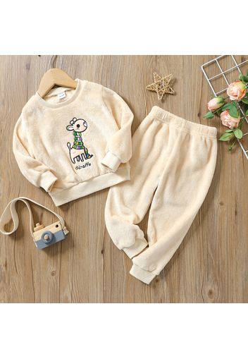 2-piece Toddler Girl Giraffe Embroidered Fuzzy Pullover and Solid Pants Set