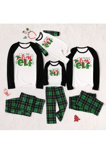 Christmas Elf Letter Print Family Matching Raglan Long-sleeve Green Plaid Pajamas Sets (Flame Resistant)