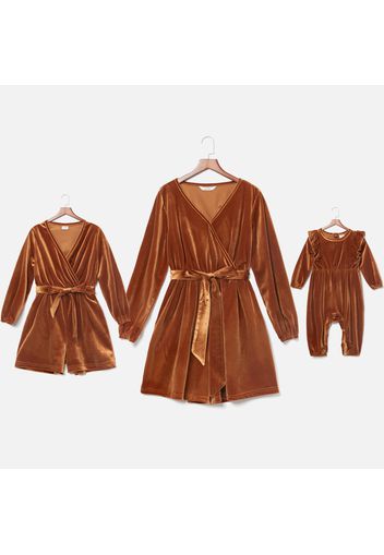 Caramel Velvet Cross Wrap V Neck Long-sleeve Romper Shorts for Mom and Me