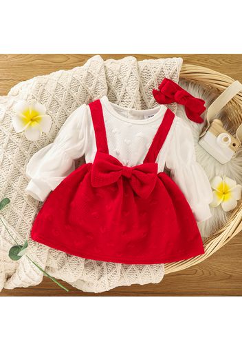 2pcs Baby Girl Love Heart Textured Long Puff Sleeve Faux-two Dress Set